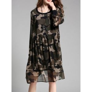 Balloon Sleeve Camouflage Printed Folds Midi Dress